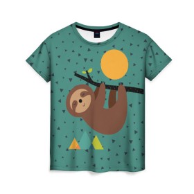 Женская футболка 3D с принтом Довольный ленивец в Тюмени, 100% полиэфир ( синтетическое хлопкоподобное полотно) | прямой крой, круглый вырез горловины, длина до линии бедер | animal | art | bear | beast | nature | sun | арт | животное | зверь | лето | медведь | мишка | природа | солнце