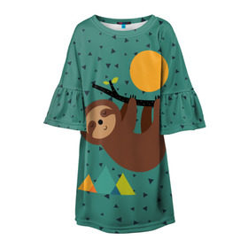 Детское платье 3D с принтом Довольный ленивец в Тюмени, 100% полиэстер | прямой силуэт, чуть расширенный к низу. Круглая горловина, на рукавах — воланы | animal | art | bear | beast | nature | sun | арт | животное | зверь | лето | медведь | мишка | природа | солнце