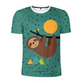 Мужская футболка 3D спортивная с принтом Довольный ленивец в Тюмени, 100% полиэстер с улучшенными характеристиками | приталенный силуэт, круглая горловина, широкие плечи, сужается к линии бедра | animal | art | bear | beast | nature | sun | арт | животное | зверь | лето | медведь | мишка | природа | солнце