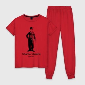 Женская пижама хлопок с принтом Чарли Чаплин в Тюмени, 100% хлопок | брюки и футболка прямого кроя, без карманов, на брюках мягкая резинка на поясе и по низу штанин | Тематика изображения на принте: 