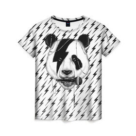Женская футболка 3D с принтом Панда вокалист в Тюмени, 100% полиэфир ( синтетическое хлопкоподобное полотно) | прямой крой, круглый вырез горловины, длина до линии бедер | animal | bear | beast | metal | music | nature | panda | rock | sound | vocal | вокал | животное | зверь | звук | медведь | меломан | метал | мишка | музыка | панда | природа | рок
