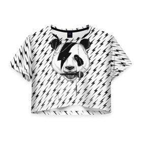 Женская футболка 3D укороченная с принтом Панда вокалист в Тюмени, 100% полиэстер | круглая горловина, длина футболки до линии талии, рукава с отворотами | animal | bear | beast | metal | music | nature | panda | rock | sound | vocal | вокал | животное | зверь | звук | медведь | меломан | метал | мишка | музыка | панда | природа | рок