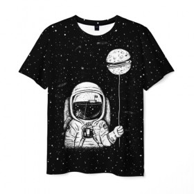 Мужская футболка 3D с принтом Астронавт с шариком в Тюмени, 100% полиэфир | прямой крой, круглый вырез горловины, длина до линии бедер | Тематика изображения на принте: astronaut | cosmonaut | cosmos | dead | galaxy | moon | planet | space | star | universe | астронавт | вселенная | галактика | звезды | космонавт | космос | луна | планета | шарик