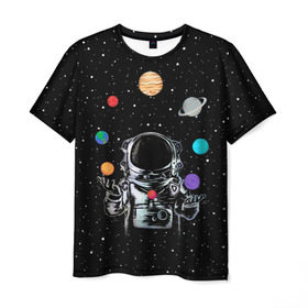 Мужская футболка 3D с принтом Космический жонглер в Тюмени, 100% полиэфир | прямой крой, круглый вырез горловины, длина до линии бедер | Тематика изображения на принте: astronaut | cosmonaut | cosmos | galaxy | planet | space | star | universe | астронавт | вселенная | галактика | звезды | земля | космонавт | космос | луна | марс | планета | сатурн | уран