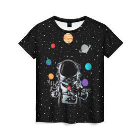 Женская футболка 3D с принтом Космический жонглер в Тюмени, 100% полиэфир ( синтетическое хлопкоподобное полотно) | прямой крой, круглый вырез горловины, длина до линии бедер | astronaut | cosmonaut | cosmos | galaxy | planet | space | star | universe | астронавт | вселенная | галактика | звезды | земля | космонавт | космос | луна | марс | планета | сатурн | уран