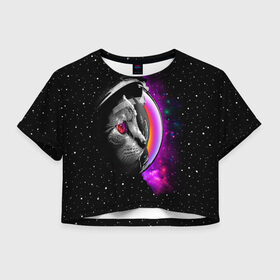 Женская футболка 3D укороченная с принтом Космический кот в Тюмени, 100% полиэстер | круглая горловина, длина футболки до линии талии, рукава с отворотами | astronaut | cat | cosmonaut | cosmos | galaxy | kitty | space | universe | астронавт | вселенная | галактика | звезды | космонавт | космос | кот | котик | кошка