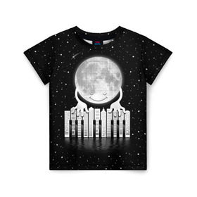 Детская футболка 3D с принтом Лунная мелодия в Тюмени, 100% гипоаллергенный полиэфир | прямой крой, круглый вырез горловины, длина до линии бедер, чуть спущенное плечо, ткань немного тянется | astronaut | cosmonaut | cosmos | galaxy | meteor | moon | planet | space | universe | астронавт | вселенная | галактика | звезды | космонавт | космос | луна | мелодия | музыка | ноты