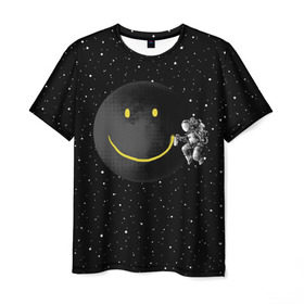 Мужская футболка 3D с принтом Лунная улыбка в Тюмени, 100% полиэфир | прямой крой, круглый вырез горловины, длина до линии бедер | astronaut | cosmonaut | cosmos | galaxy | meteor | moon | planet | smile | space | universe | астронавт | вселенная | галактика | звезды | космонавт | космос | луна | смайл | улыбка