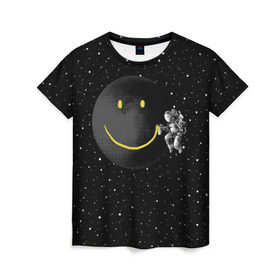 Женская футболка 3D с принтом Лунная улыбка в Тюмени, 100% полиэфир ( синтетическое хлопкоподобное полотно) | прямой крой, круглый вырез горловины, длина до линии бедер | astronaut | cosmonaut | cosmos | galaxy | meteor | moon | planet | smile | space | universe | астронавт | вселенная | галактика | звезды | космонавт | космос | луна | смайл | улыбка