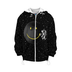 Детская куртка 3D с принтом Лунная улыбка в Тюмени, 100% полиэстер | застежка — молния, подол и капюшон оформлены резинкой с фиксаторами, по бокам — два кармана без застежек, один потайной карман на груди, плотность верхнего слоя — 90 г/м2; плотность флисового подклада — 260 г/м2 | astronaut | cosmonaut | cosmos | galaxy | meteor | moon | planet | smile | space | universe | астронавт | вселенная | галактика | звезды | космонавт | космос | луна | смайл | улыбка