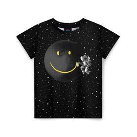 Детская футболка 3D с принтом Лунная улыбка в Тюмени, 100% гипоаллергенный полиэфир | прямой крой, круглый вырез горловины, длина до линии бедер, чуть спущенное плечо, ткань немного тянется | astronaut | cosmonaut | cosmos | galaxy | meteor | moon | planet | smile | space | universe | астронавт | вселенная | галактика | звезды | космонавт | космос | луна | смайл | улыбка