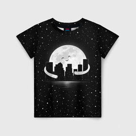 Детская футболка 3D с принтом Лунные объятия в Тюмени, 100% гипоаллергенный полиэфир | прямой крой, круглый вырез горловины, длина до линии бедер, чуть спущенное плечо, ткань немного тянется | astronaut | city | cosmonaut | cosmos | galaxy | moon | planet | smile | space | universe | астронавт | вселенная | галактика | город | звезды | космонавт | космос | луна | смайл | улыбка