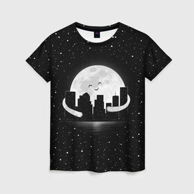 Женская футболка 3D с принтом Лунные объятия в Тюмени, 100% полиэфир ( синтетическое хлопкоподобное полотно) | прямой крой, круглый вырез горловины, длина до линии бедер | astronaut | city | cosmonaut | cosmos | galaxy | moon | planet | smile | space | universe | астронавт | вселенная | галактика | город | звезды | космонавт | космос | луна | смайл | улыбка