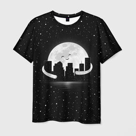 Мужская футболка 3D с принтом Лунные объятия в Тюмени, 100% полиэфир | прямой крой, круглый вырез горловины, длина до линии бедер | astronaut | city | cosmonaut | cosmos | galaxy | moon | planet | smile | space | universe | астронавт | вселенная | галактика | город | звезды | космонавт | космос | луна | смайл | улыбка