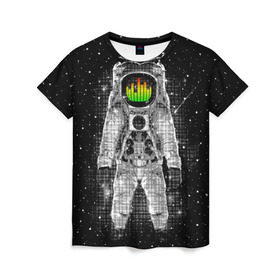 Женская футболка 3D с принтом Музыкальный космонавт в Тюмени, 100% полиэфир ( синтетическое хлопкоподобное полотно) | прямой крой, круглый вырез горловины, длина до линии бедер | astronaut | cosmonaut | dj | eqializer | galaxy | moon | music | planet | space | star | universe | астронавт | вселенная | галактика | диджей | космонавт | космос | музыка | эквалайзер