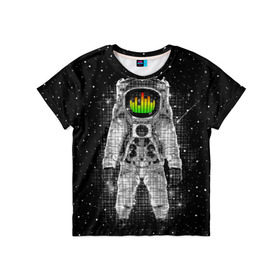 Детская футболка 3D с принтом Музыкальный космонавт в Тюмени, 100% гипоаллергенный полиэфир | прямой крой, круглый вырез горловины, длина до линии бедер, чуть спущенное плечо, ткань немного тянется | Тематика изображения на принте: astronaut | cosmonaut | dj | eqializer | galaxy | moon | music | planet | space | star | universe | астронавт | вселенная | галактика | диджей | космонавт | космос | музыка | эквалайзер