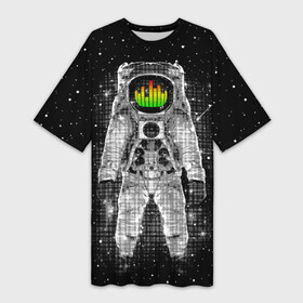 Платье-футболка 3D с принтом Музыкальный космонавт в Тюмени,  |  | astronaut | cosmonaut | dj | eqializer | galaxy | moon | music | planet | space | star | universe | астронавт | вселенная | галактика | диджей | космонавт | космос | музыка | эквалайзер