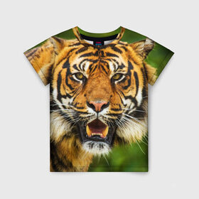 Детская футболка 3D с принтом Тигр в Тюмени, 100% гипоаллергенный полиэфир | прямой крой, круглый вырез горловины, длина до линии бедер, чуть спущенное плечо, ткань немного тянется | дикая кошка | животное | клыки | лев | тигр. tiger | хищник