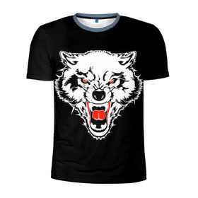 Мужская футболка 3D спортивная с принтом Волк в Тюмени, 100% полиэстер с улучшенными характеристиками | приталенный силуэт, круглая горловина, широкие плечи, сужается к линии бедра | animal | background | black | eyes | fangs | head | predator | red | teeth | white | wolf | белый | волк | глаза | голова | животное | зверь | клыки | красные | оскал | фон | хищник | черный
