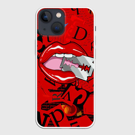 Чехол для iPhone 13 mini с принтом Поп арт, опасная бритва в Тюмени,  |  | blade | blood | dangerous | drop | letters | lips | pop   art | razor | бритва | буквы | губы | капля | кровь | лезвие | опасная | поп арт