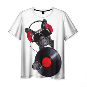 Мужская футболка 3D с принтом DJ бульдог в Тюмени, 100% полиэфир | прямой крой, круглый вырез горловины, длина до линии бедер | бульдог | винил | диджей | музыка | наушники | очки | пёс | пластинка | собака | юмор