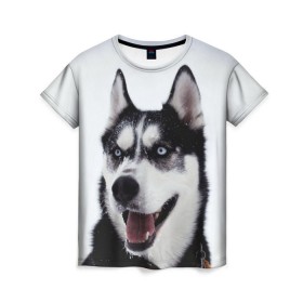 Женская футболка 3D с принтом Сибирский хаски в Тюмени, 100% полиэфир ( синтетическое хлопкоподобное полотно) | прямой крой, круглый вырез горловины, длина до линии бедер | взгляд | голубые глаза | зима | сибирь | снег | собака | хаски | хаски бандит | холод
