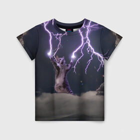 Детская футболка 3D с принтом Грозовой кошак в Тюмени, 100% гипоаллергенный полиэфир | прямой крой, круглый вырез горловины, длина до линии бедер, чуть спущенное плечо, ткань немного тянется | lightning cat