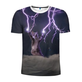 Мужская футболка 3D спортивная с принтом Грозовой кошак в Тюмени, 100% полиэстер с улучшенными характеристиками | приталенный силуэт, круглая горловина, широкие плечи, сужается к линии бедра | lightning cat