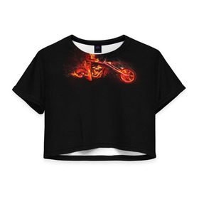 Женская футболка 3D укороченная с принтом Огненный байкер в Тюмени, 100% полиэстер | круглая горловина, длина футболки до линии талии, рукава с отворотами | 