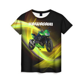Женская футболка 3D с принтом Kawasaki в Тюмени, 100% полиэфир ( синтетическое хлопкоподобное полотно) | прямой крой, круглый вырез горловины, длина до линии бедер | moto | байк | байкер | мото | мотогонки | мотоспорт | мотоцикл