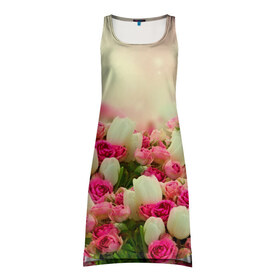 Платье-майка 3D с принтом Цветы в Тюмени, 100% полиэстер | полуприлегающий силуэт, широкие бретели, круглый вырез горловины, удлиненный подол сзади. | розовый | розы | цветы | яркий