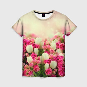 Женская футболка 3D с принтом Цветы в Тюмени, 100% полиэфир ( синтетическое хлопкоподобное полотно) | прямой крой, круглый вырез горловины, длина до линии бедер | розовый | розы | цветы | яркий