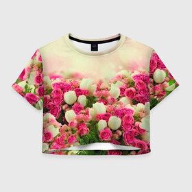 Женская футболка 3D укороченная с принтом Цветы в Тюмени, 100% полиэстер | круглая горловина, длина футболки до линии талии, рукава с отворотами | розовый | розы | цветы | яркий