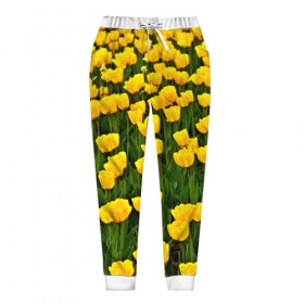 Женские брюки 3D с принтом Жёлтые тюльпаны в Тюмени, полиэстер 100% | прямой крой, два кармана без застежек по бокам, с мягкой трикотажной резинкой на поясе и по низу штанин. В поясе для дополнительного комфорта — широкие завязки | поле | цветы | яркий