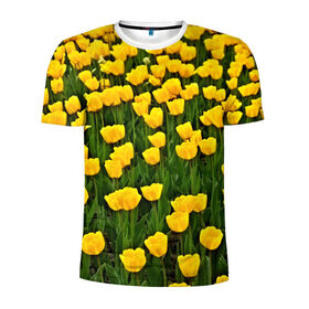 Мужская футболка 3D спортивная с принтом Жёлтые тюльпаны в Тюмени, 100% полиэстер с улучшенными характеристиками | приталенный силуэт, круглая горловина, широкие плечи, сужается к линии бедра | Тематика изображения на принте: поле | цветы | яркий