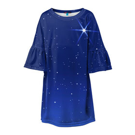 Детское платье 3D с принтом Звезда пленительного счастья в Тюмени, 100% полиэстер | прямой силуэт, чуть расширенный к низу. Круглая горловина, на рукавах — воланы | Тематика изображения на принте: блеск | галактика | звёзды | космос | лучи | небо | ночь
