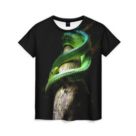 Женская футболка 3D с принтом Змея на груди в Тюмени, 100% полиэфир ( синтетическое хлопкоподобное полотно) | прямой крой, круглый вырез горловины, длина до линии бедер | гадюка | дерево | джунгли | зелёный змей | змея | кобра | природа | удав