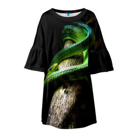 Детское платье 3D с принтом Змея на груди в Тюмени, 100% полиэстер | прямой силуэт, чуть расширенный к низу. Круглая горловина, на рукавах — воланы | гадюка | дерево | джунгли | зелёный змей | змея | кобра | природа | удав