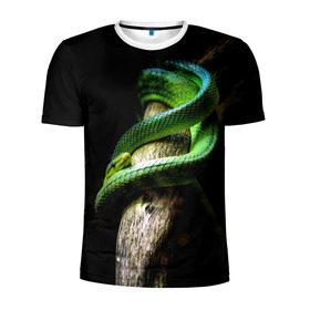 Мужская футболка 3D спортивная с принтом Змея на груди в Тюмени, 100% полиэстер с улучшенными характеристиками | приталенный силуэт, круглая горловина, широкие плечи, сужается к линии бедра | Тематика изображения на принте: гадюка | дерево | джунгли | зелёный змей | змея | кобра | природа | удав