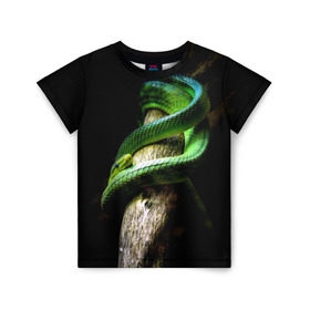 Детская футболка 3D с принтом Змея на груди в Тюмени, 100% гипоаллергенный полиэфир | прямой крой, круглый вырез горловины, длина до линии бедер, чуть спущенное плечо, ткань немного тянется | гадюка | дерево | джунгли | зелёный змей | змея | кобра | природа | удав