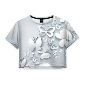 Женская футболка 3D укороченная с принтом Белоснежные бабочки в Тюмени, 100% полиэстер | круглая горловина, длина футболки до линии талии, рукава с отворотами | бабочка | девушка | кружево. красота | нежность | полёт