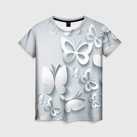 Женская футболка 3D с принтом Белоснежные бабочки в Тюмени, 100% полиэфир ( синтетическое хлопкоподобное полотно) | прямой крой, круглый вырез горловины, длина до линии бедер | бабочка | девушка | кружево. красота | нежность | полёт
