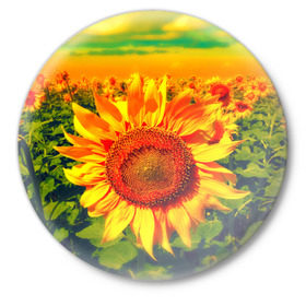 Значок с принтом Подсолнухи в Тюмени,  металл | круглая форма, металлическая застежка в виде булавки | лето | подсолнух | поле | природа | цветок | яркая