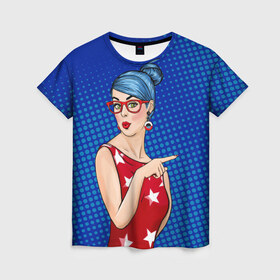 Женская футболка 3D с принтом Pop Art Girl в Тюмени, 100% полиэфир ( синтетическое хлопкоподобное полотно) | прямой крой, круглый вырез горловины, длина до линии бедер | retro | арт | винтаж | девушка | искусство | поп | ретро