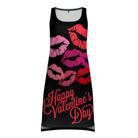 Платье-майка 3D с принтом Happy Valentine`s Day в Тюмени, 100% полиэстер | полуприлегающий силуэт, широкие бретели, круглый вырез горловины, удлиненный подол сзади. | 14 | february | happy valentines day | holiday | kisses | lips | love | губы | любовь | поцелуи | праздник | счастливый день святого валентина | февраль