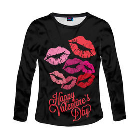 Женский лонгслив 3D с принтом Happy Valentine`s Day в Тюмени, 100% полиэстер | длинные рукава, круглый вырез горловины, полуприлегающий силуэт | Тематика изображения на принте: 14 | february | happy valentines day | holiday | kisses | lips | love | губы | любовь | поцелуи | праздник | счастливый день святого валентина | февраль