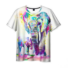 Мужская футболка 3D с принтом Слоны в Тюмени, 100% полиэфир | прямой крой, круглый вырез горловины, длина до линии бедер | animal | art | bright | child | color | elephants | family | mother | rainbow | spectrum | животные | искусство | мама | радуга | ребенок | семья | слоны | спектр | цвета | яркие