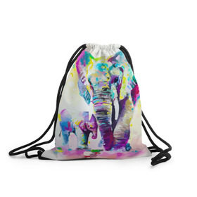 Рюкзак-мешок 3D с принтом Слоны в Тюмени, 100% полиэстер | плотность ткани — 200 г/м2, размер — 35 х 45 см; лямки — толстые шнурки, застежка на шнуровке, без карманов и подкладки | animal | art | bright | child | color | elephants | family | mother | rainbow | spectrum | животные | искусство | мама | радуга | ребенок | семья | слоны | спектр | цвета | яркие