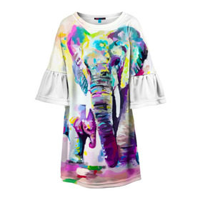 Детское платье 3D с принтом Слоны в Тюмени, 100% полиэстер | прямой силуэт, чуть расширенный к низу. Круглая горловина, на рукавах — воланы | animal | art | bright | child | color | elephants | family | mother | rainbow | spectrum | животные | искусство | мама | радуга | ребенок | семья | слоны | спектр | цвета | яркие