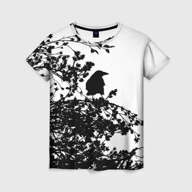 Женская футболка 3D с принтом Ворон в Тюмени, 100% полиэфир ( синтетическое хлопкоподобное полотно) | прямой крой, круглый вырез горловины, длина до линии бедер | ворон | ворона | галка | дерево | птица